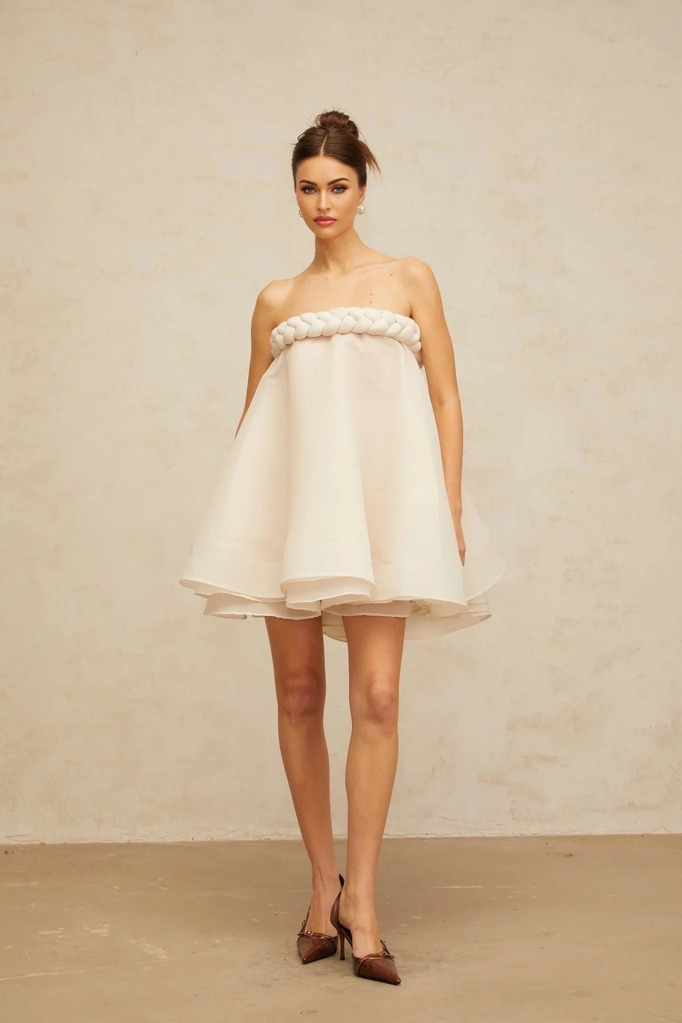 Eleanor Mini Dress White Braid Detail Puff Skirt
