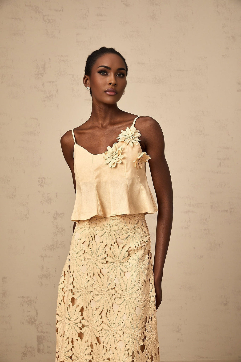 Eleanor Top & Skirt Set - Adjustable Straps - Floral Appliqué - Flared Hem - Embroidery Detail - Scallop Trim