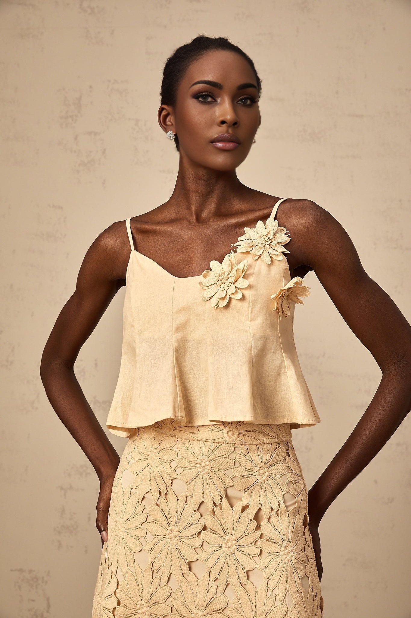 Eleanor Top & Skirt Set - Adjustable Straps - Floral Appliqué - Flared Hem - Embroidery Detail - Scallop Trim