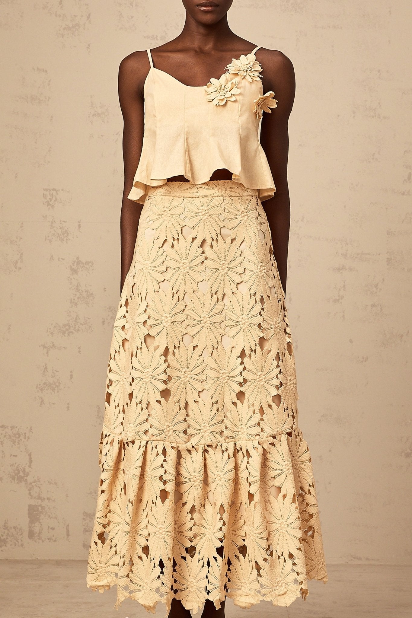 Eleanor Top & Skirt Set - Adjustable Straps - Floral Appliqué - Flared Hem - Embroidery Detail - Scallop Trim