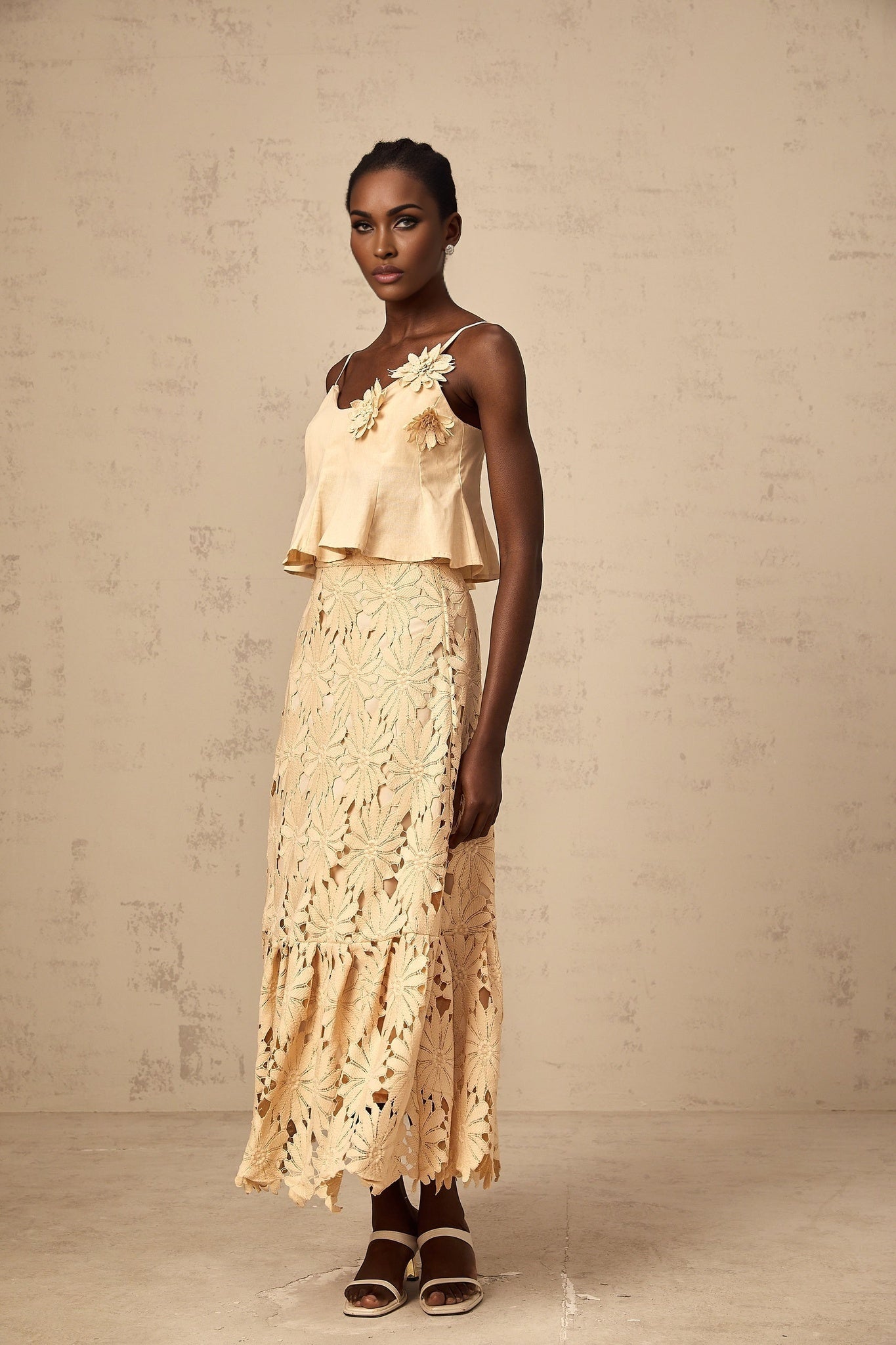 Eleanor Top & Skirt Set - Adjustable Straps - Floral Appliqué - Flared Hem - Embroidery Detail - Scallop Trim