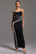 Elena Black Diamond Detail Asymmetrical Neckline Thigh-High Slit Dress