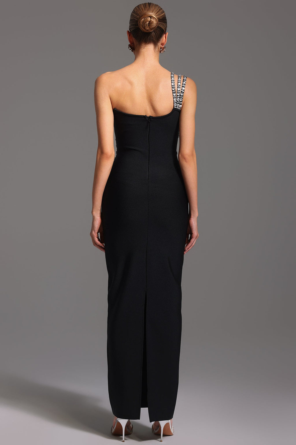 Elena Black Diamond Detail Thigh-High Slit Dress