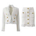 Elena Blazer & Skirt Set - Fringed Edges - Double - Breasted Design - Tailored Fit - Button Details - Versatile Style
