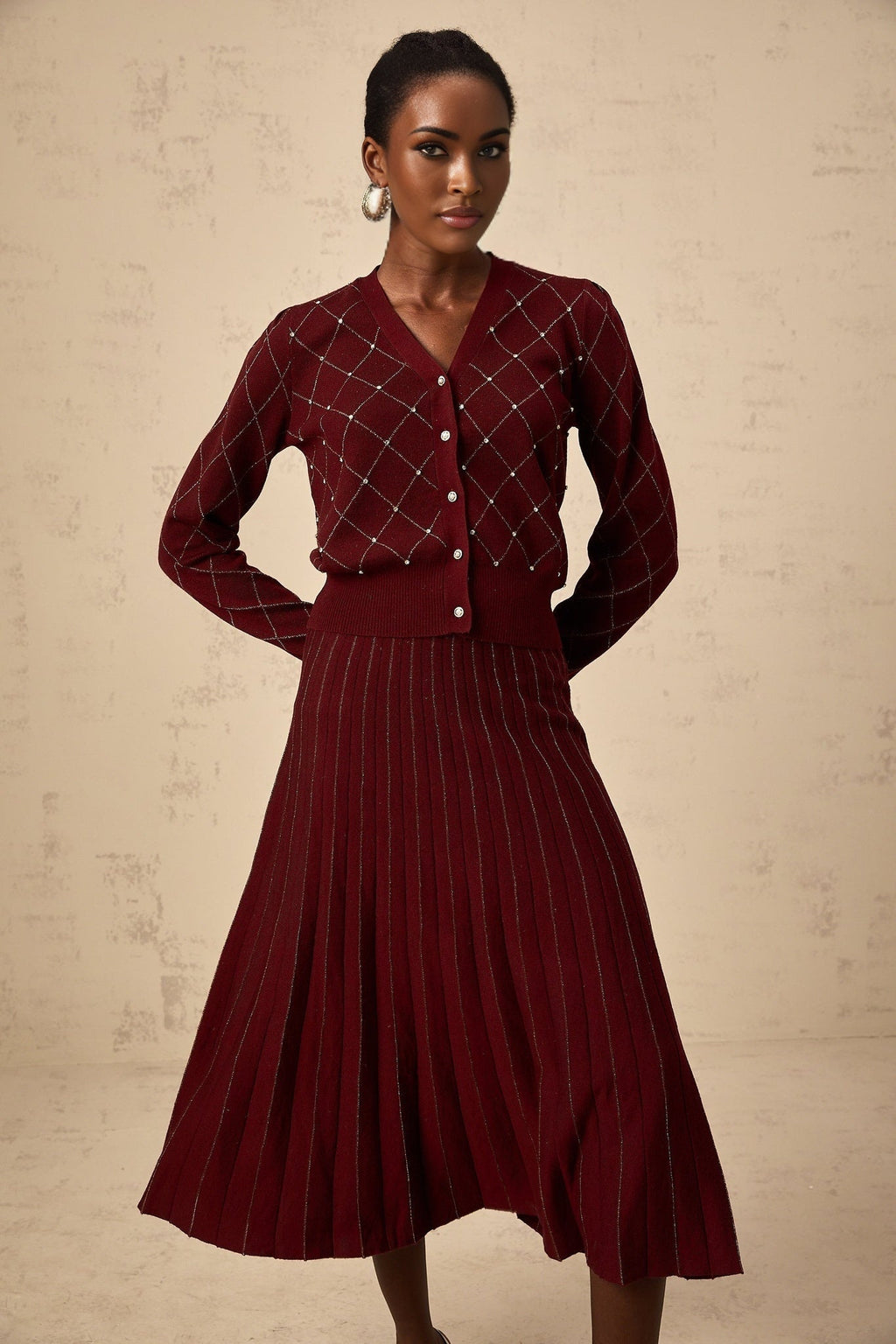 Elena Cardigan & Skirt - V - Neck Design - Argyle Intarsia Knit - Crystal Embellishment - Decorative Button Detailing