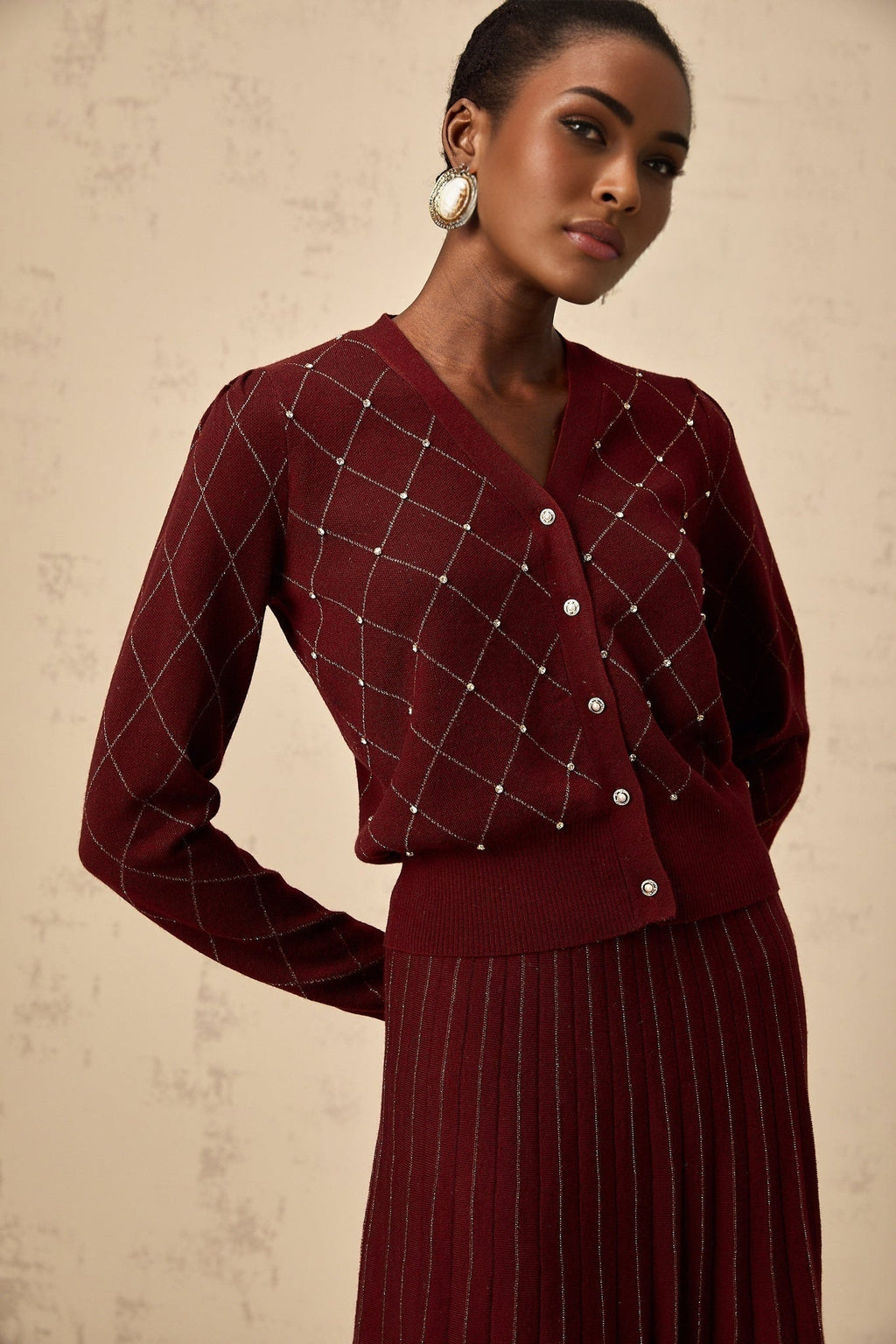 Elena Cardigan & Skirt - V - Neck Design - Argyle Intarsia Knit - Crystal Embellishment - Decorative Button Detailing