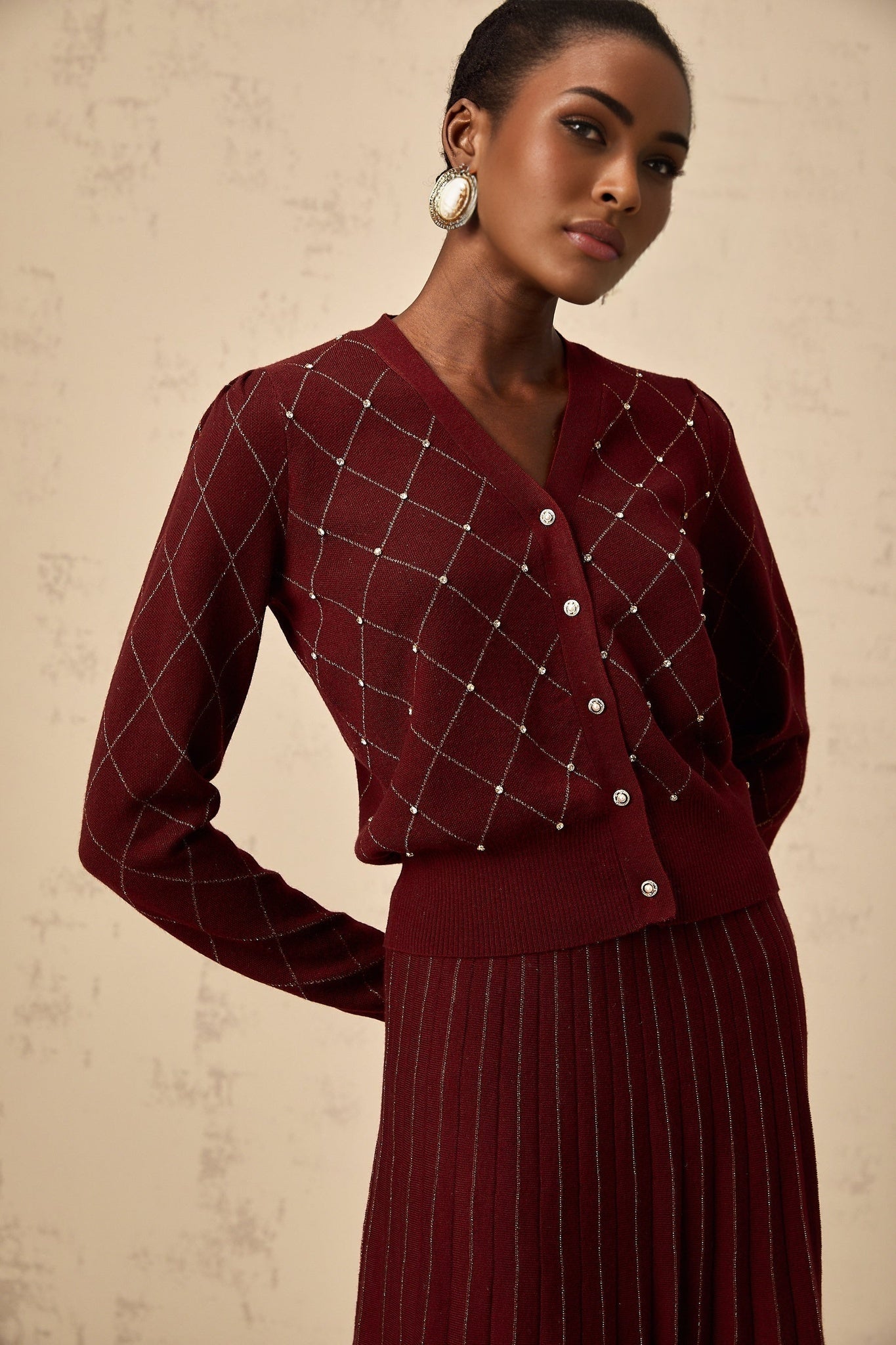 Elena Cardigan & Skirt - V - Neck Design - Argyle Intarsia Knit - Crystal Embellishment - Decorative Button Detailing