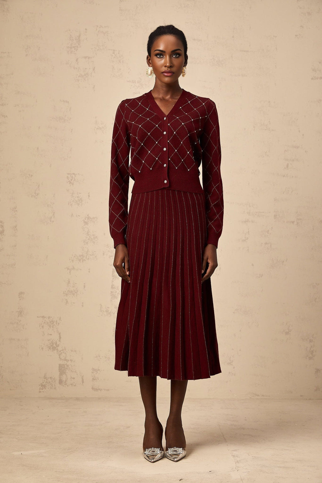 Elena Cardigan & Skirt - V - Neck Design - Argyle Intarsia Knit - Crystal Embellishment - Decorative Button Detailing