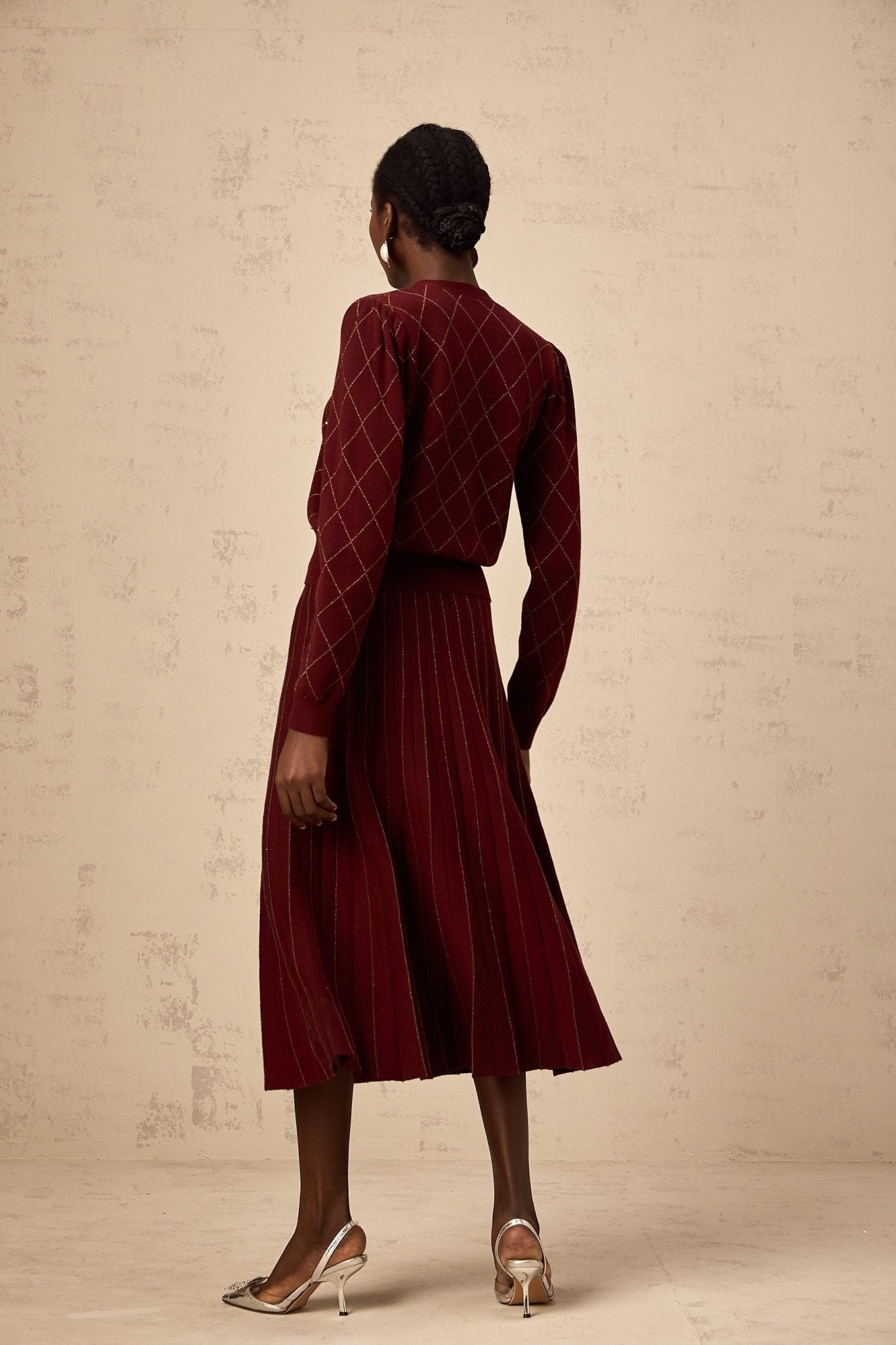 Elena Cardigan & Skirt - V - Neck Design - Argyle Intarsia Knit - Crystal Embellishment - Decorative Button Detailing