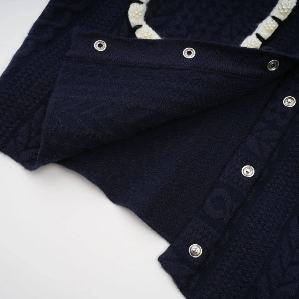 Elena Cardigan & Trousers Set Chunky Crochet Sailor Collar Blue White