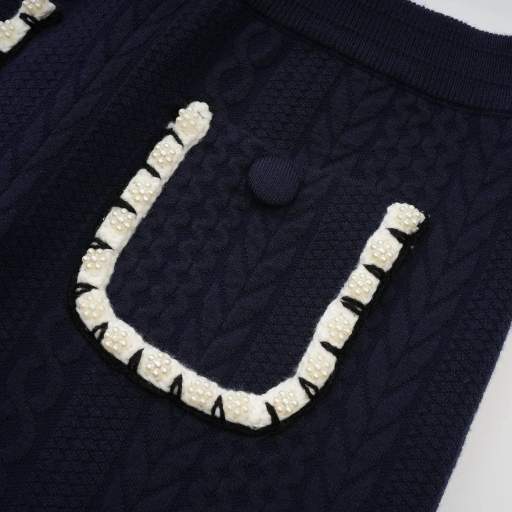 Elena Cardigan & Trousers Set Chunky Crochet Sailor Collar Blue White