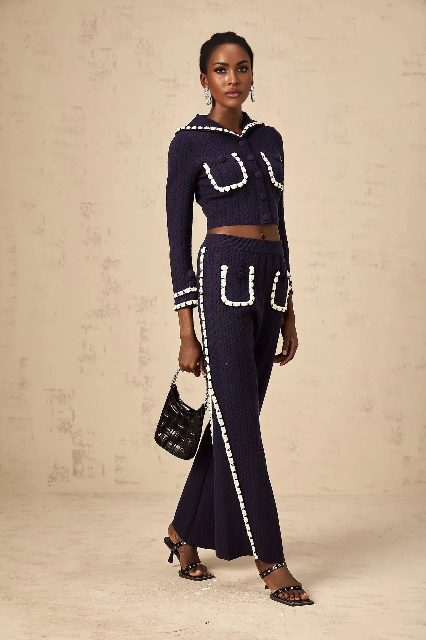 Elena Cardigan & Trousers Set Chunky Crochet Sailor Collar Blue White