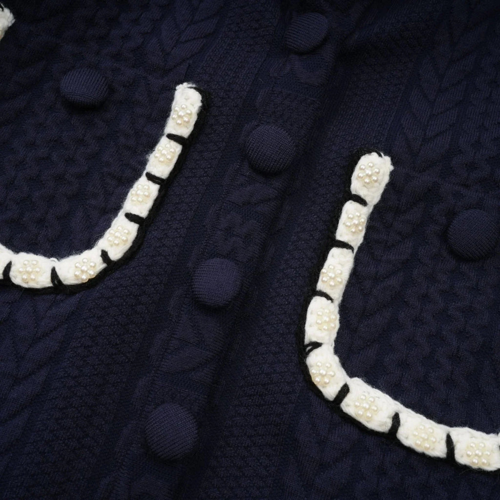 Elena Cardigan & Trousers Set Chunky Crochet Sailor Collar Blue White