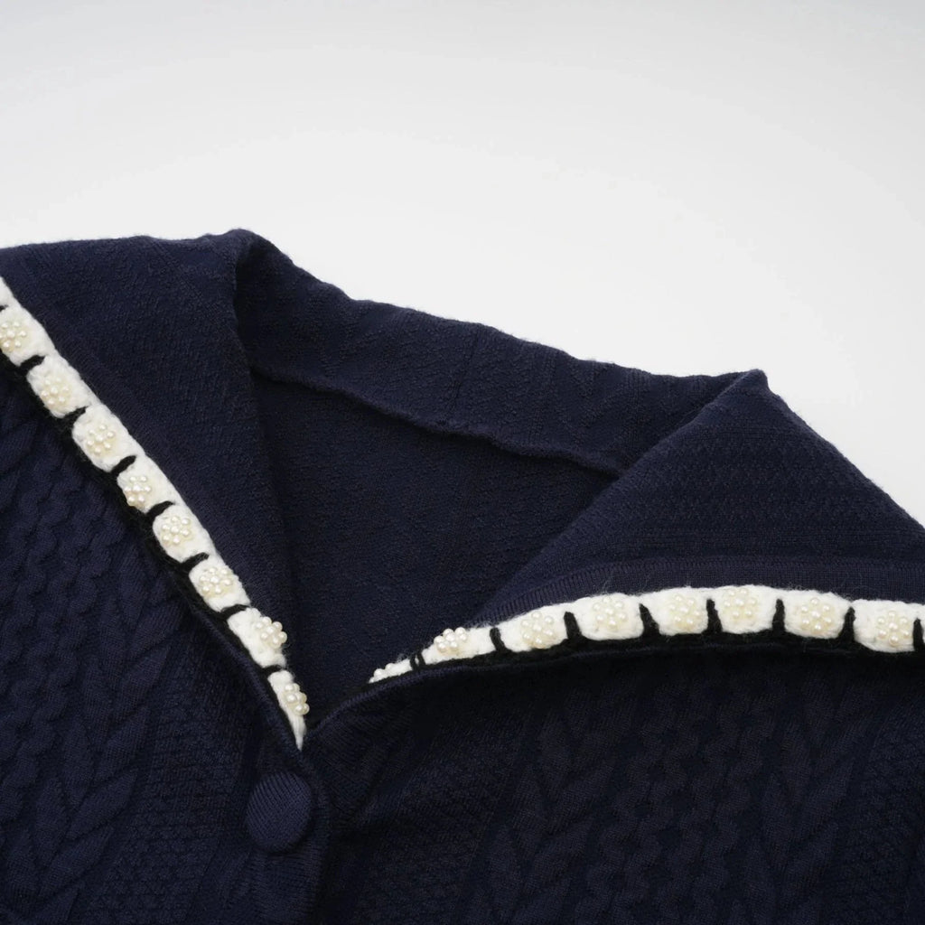 Elena Cardigan & Trousers Set Chunky Crochet Sailor Collar Blue White