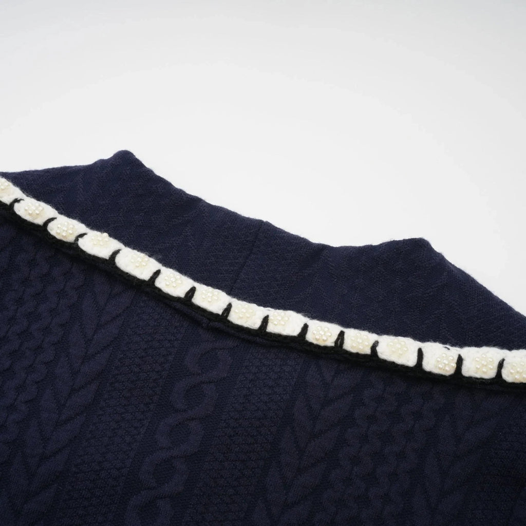 Elena Cardigan & Trousers Set Chunky Crochet Sailor Collar Blue White