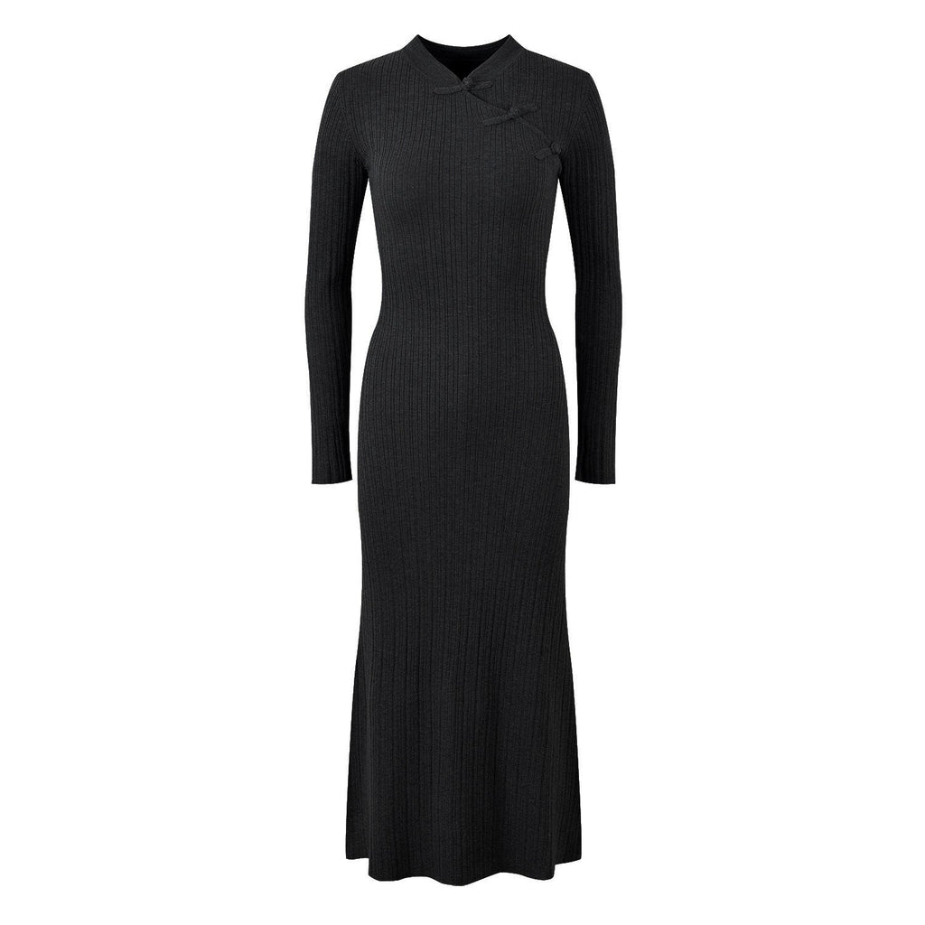 Elena Dress - Form - Fitting Silhouette - High Neckline Design - Ribbed Knit Fabric - Decorative Knots at Neckline