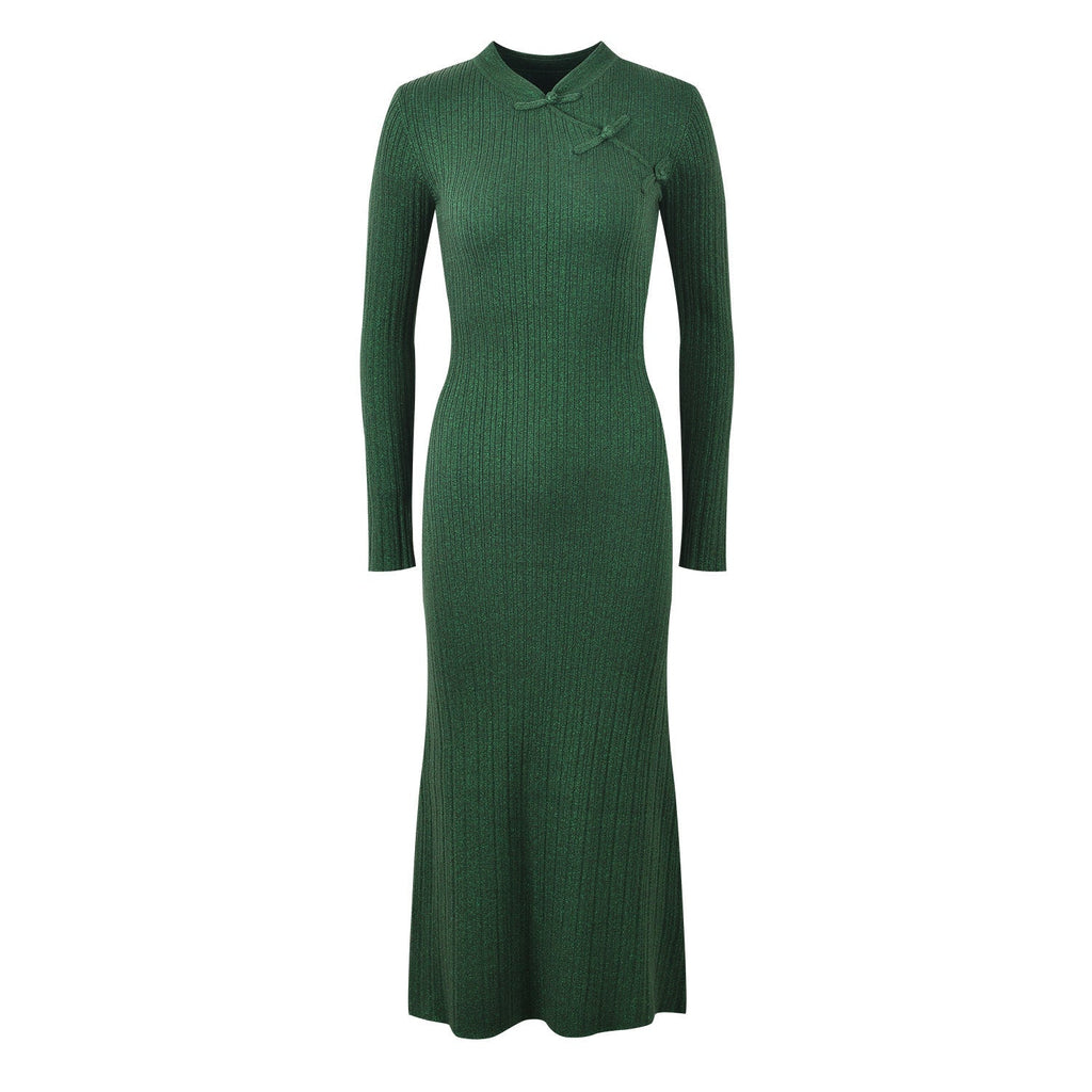 Elena Dress - Form - Fitting Silhouette - High Neckline Design - Ribbed Knit Fabric - Decorative Knots at Neckline