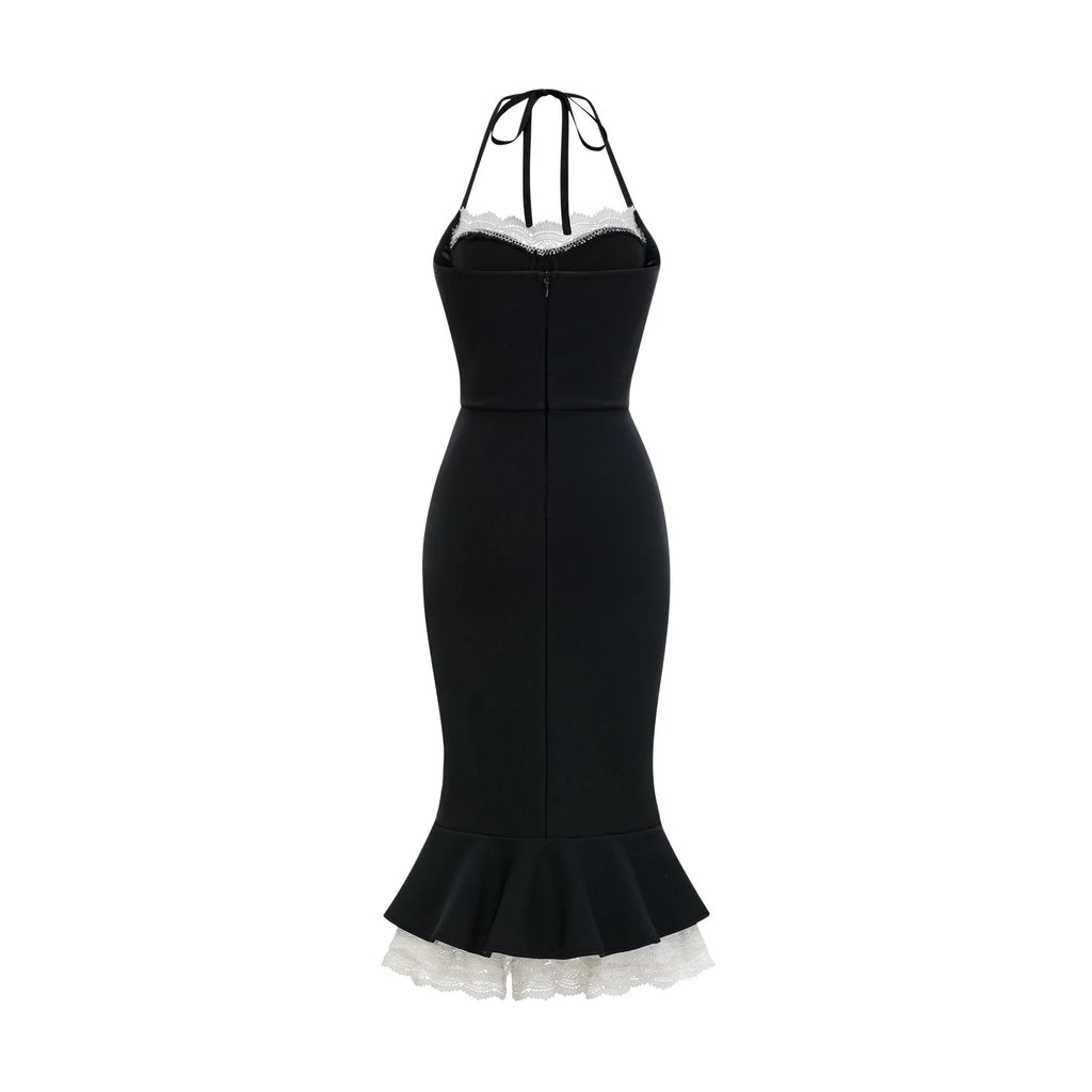 Elena Dress - halter neck Sleeveless Bustier Lace - Trim Mermaid Midi