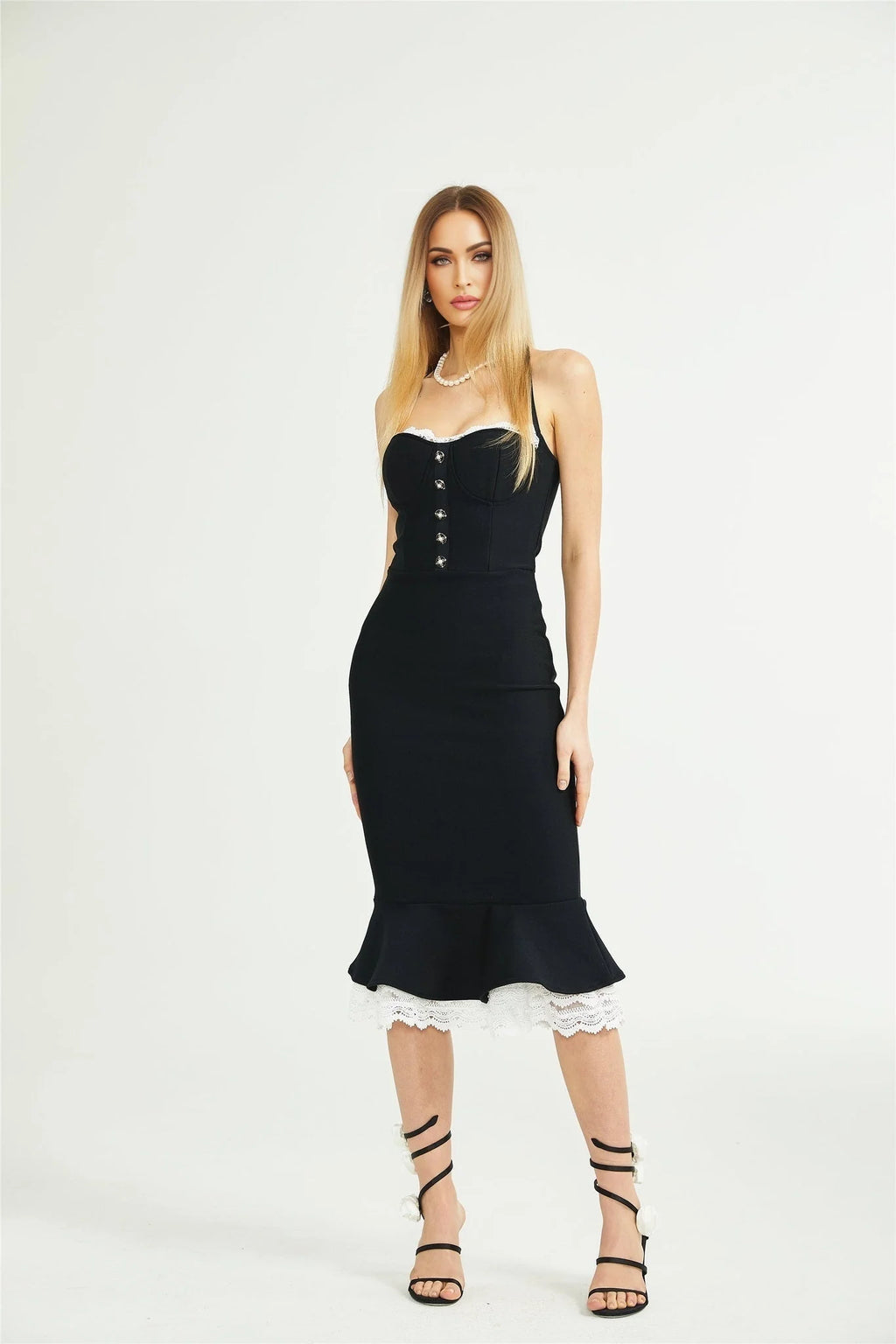 Elena Dress - halter neck Sleeveless Bustier Lace - Trim Mermaid Midi