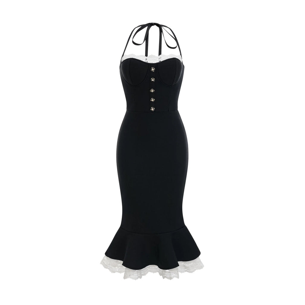 Elena Dress - halter neck Sleeveless Bustier Lace - Trim Mermaid Midi
