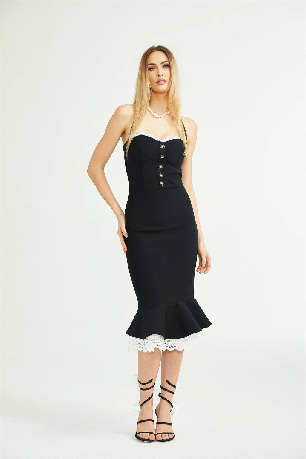 Elena Dress - halter neck Sleeveless Bustier Lace - Trim Mermaid Midi