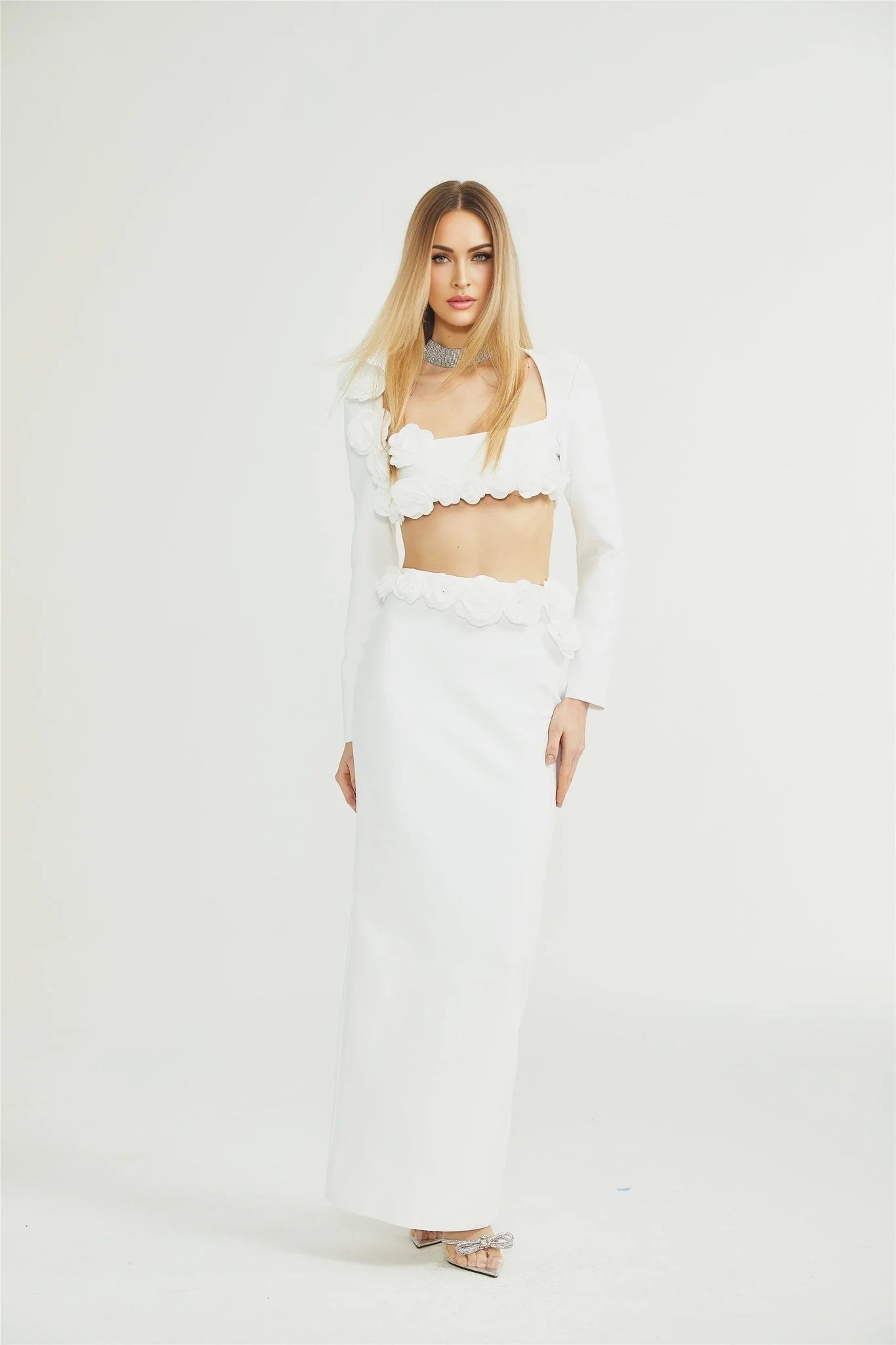 Elena Faux - Flower Detailed Cropped Top - Ankle - Length Skirt Set