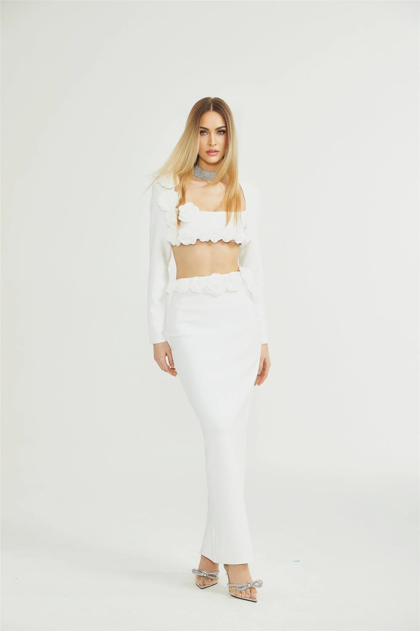 Elena Faux - Flower Detailed Cropped Top - Ankle - Length Skirt Set