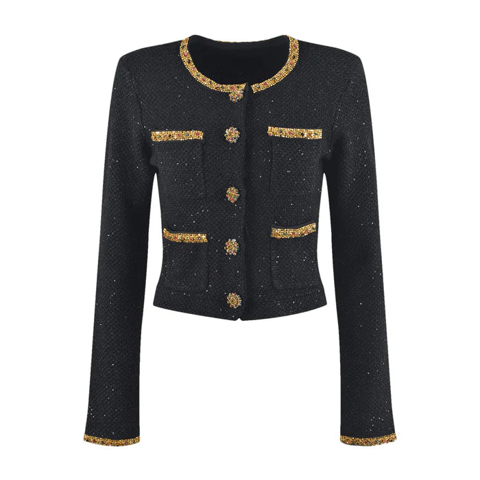 Elena Jacket & Skirt - Sequin Design - Front Button Fastening - Four Front Welt Pockets - Knitted Construction