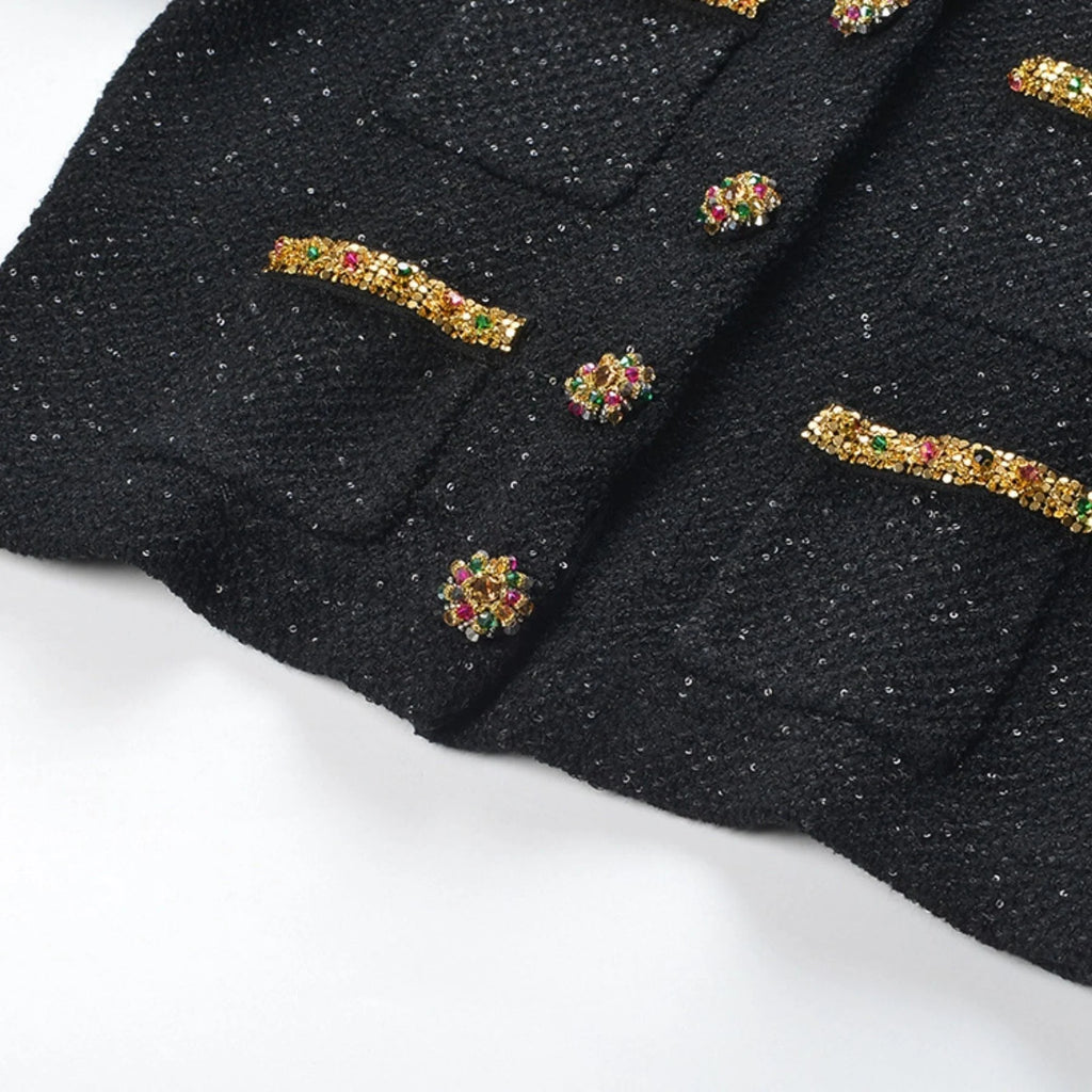 Elena Jacket & Skirt - Sequin Design - Front Button Fastening - Four Front Welt Pockets - Knitted Construction