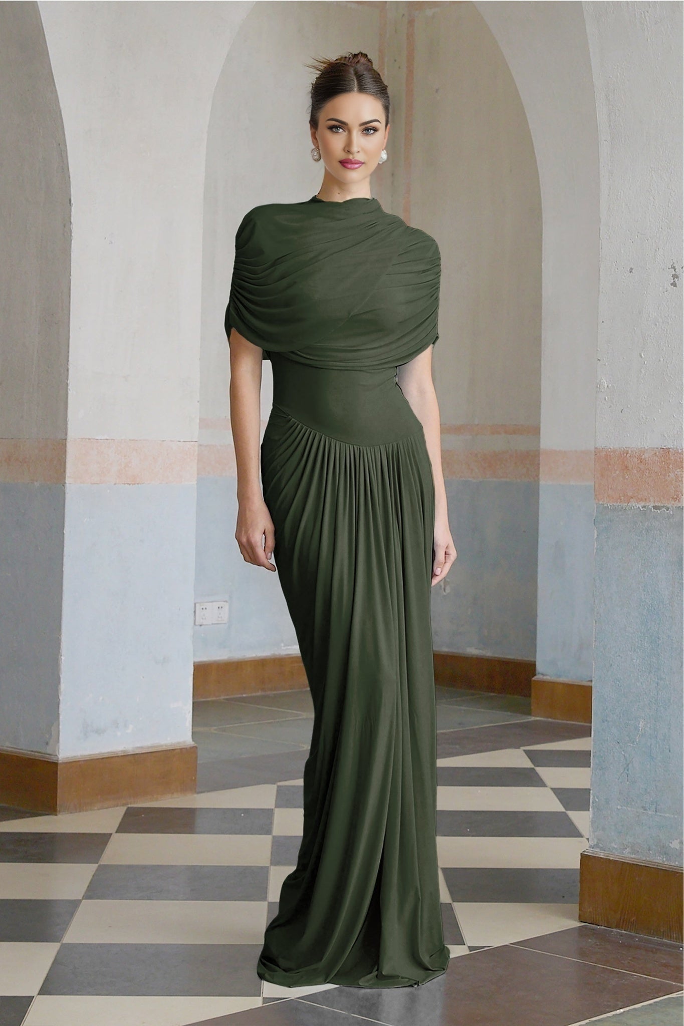 Elena Maxi Dress - Sleeveless with Crew Neck - Asymmetric Design - Pleated and Draped Detailing