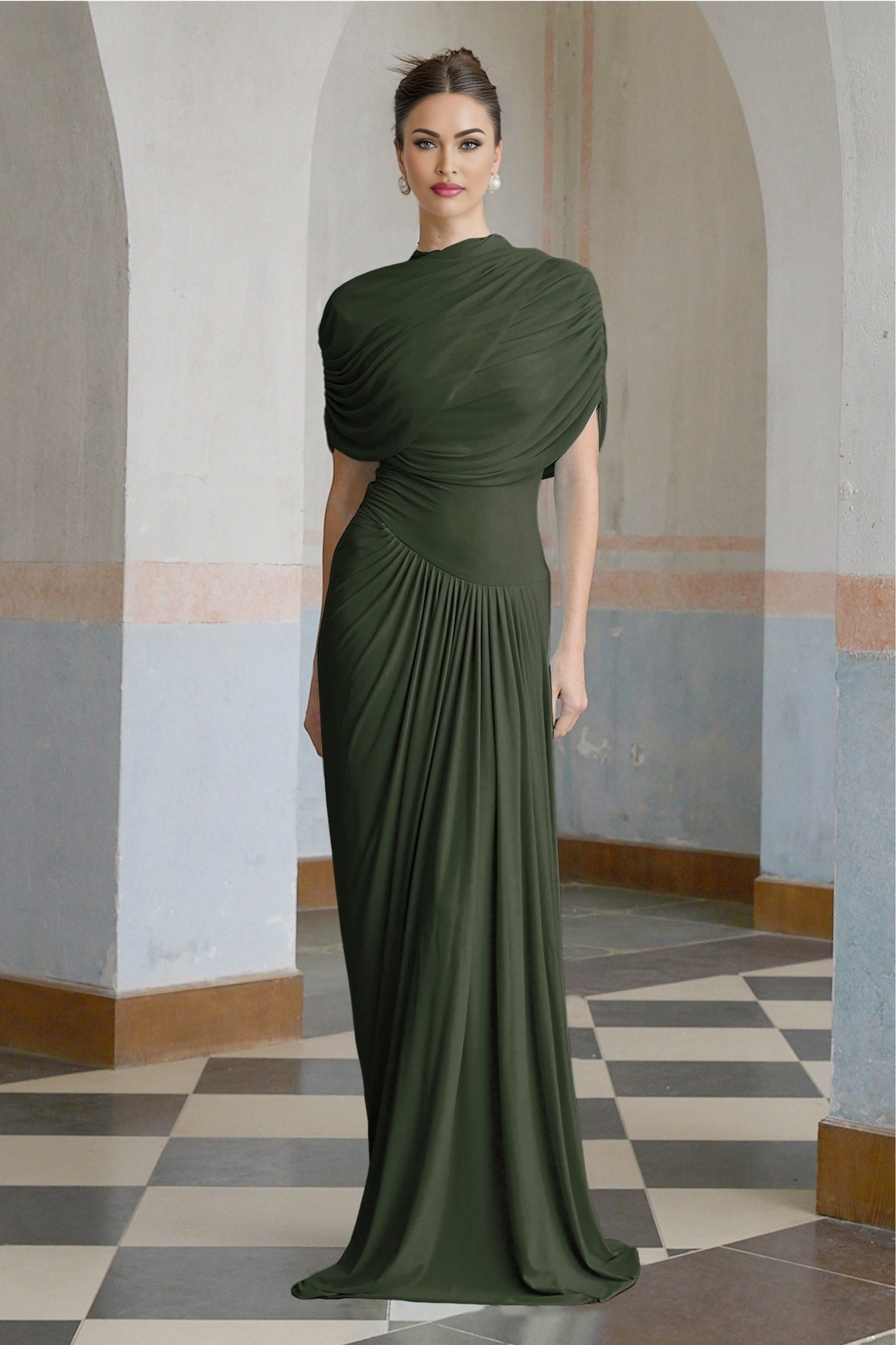 Elena Maxi Dress - Sleeveless with Crew Neck - Asymmetric Design - Pleated and Draped Detailing