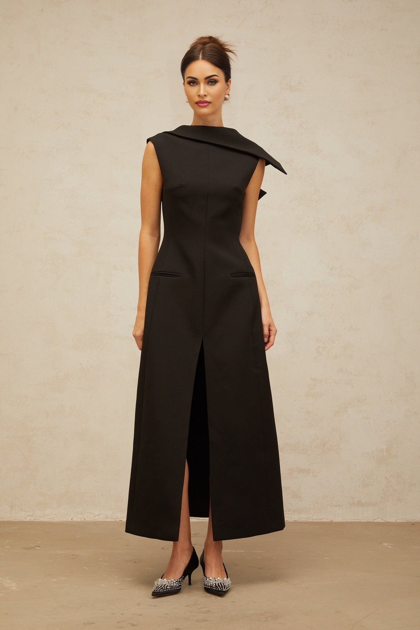 Elena Midi Dress - Deconstructed Design - Bateau Neck - Sleeveless - Open Back