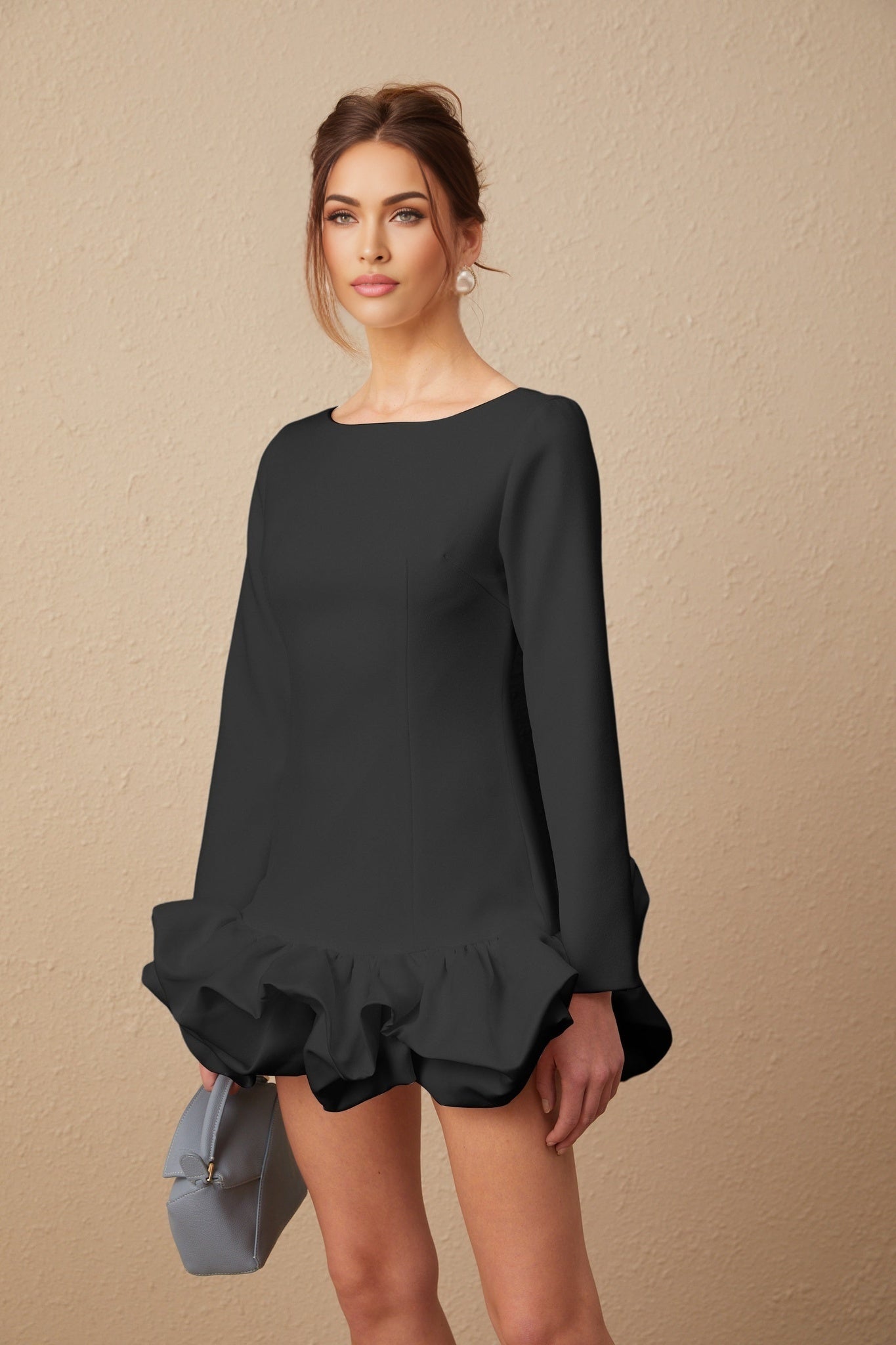 Elena Mini Dress - Bateau Neck Design - Long Sleeves - Cinched Waist - Bubble Skirt
