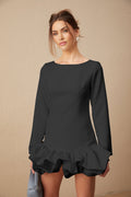 Elena Mini Dress - Bateau Neck Design - Long Sleeves - Cinched Waist - Bubble Skirt