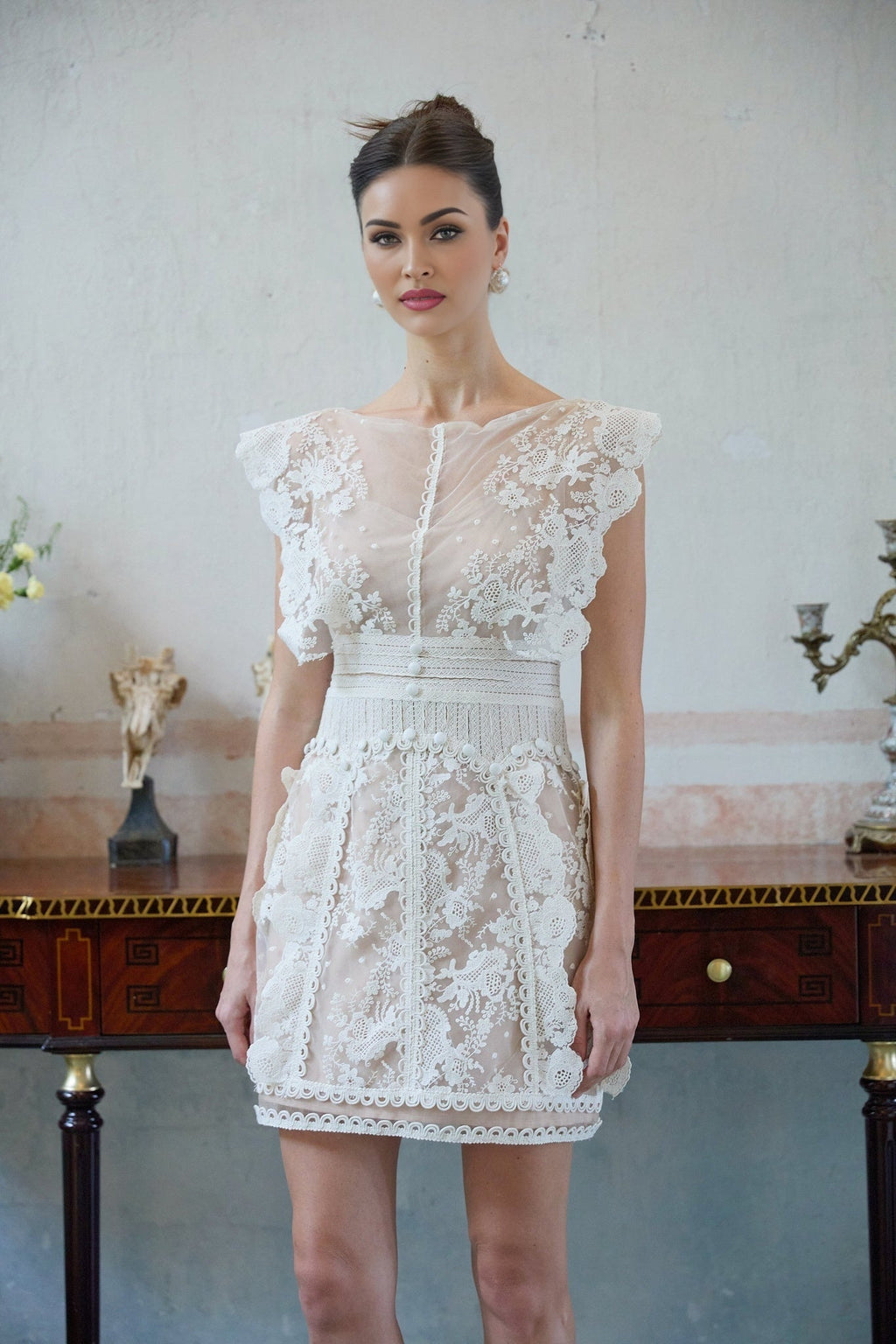 Elena Mini Dress - Tulle - Bateau Neck - Floral Lace Embellishments - Thigh Length