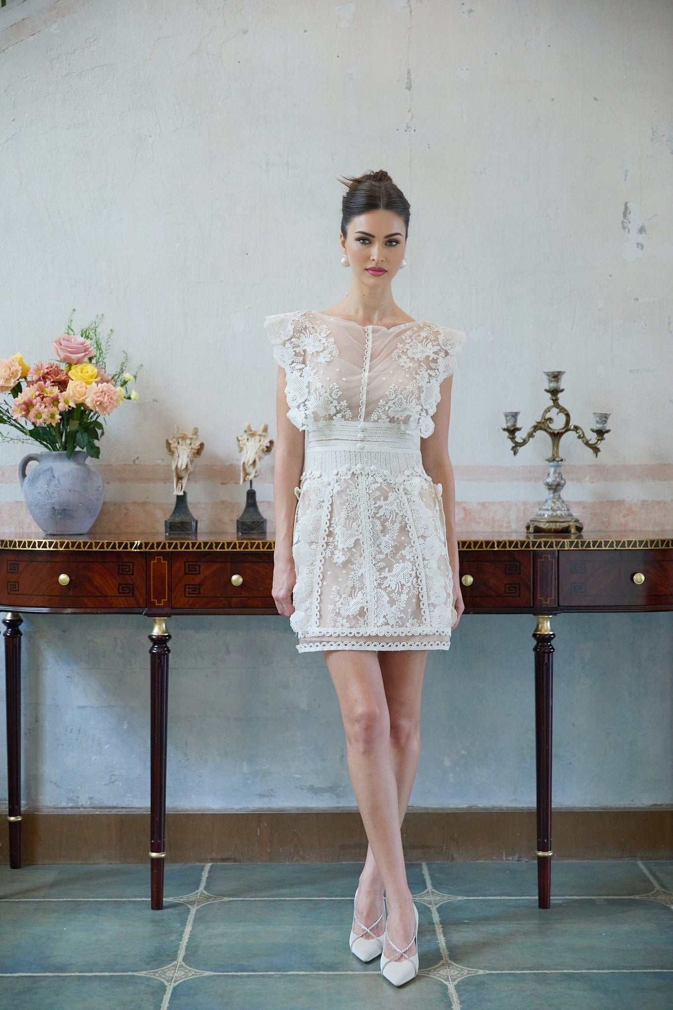 Elena Mini Dress - Tulle - Bateau Neck - Floral Lace Embellishments - Thigh Length