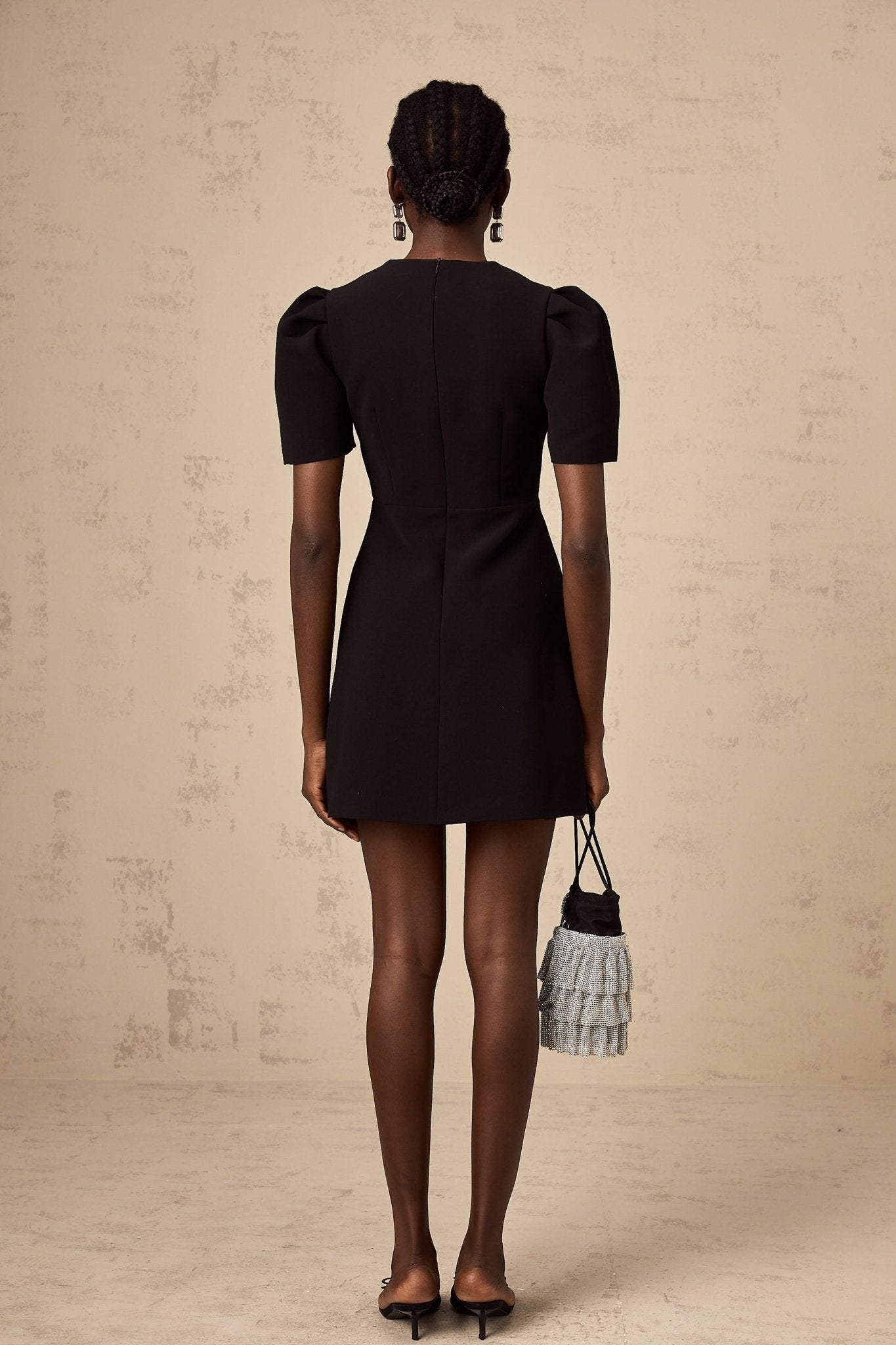 Elena Mini Dress - V - neck - A - line Silhouette - Bow and Stud Embellishments - Cut - out Design