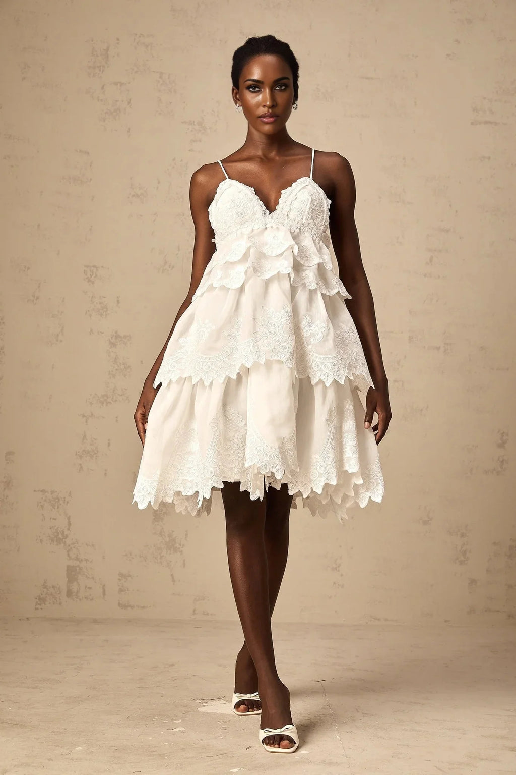 Elena Mini Dress White Guipure Lace Tiered Ruffles & Sweetheart Hem