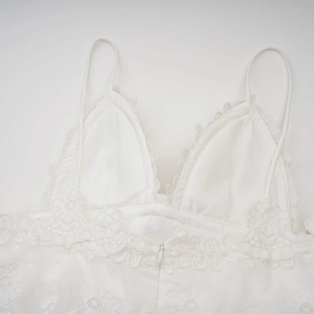Elena Mini Dress White Guipure Lace Tiered Ruffles & Sweetheart Hem