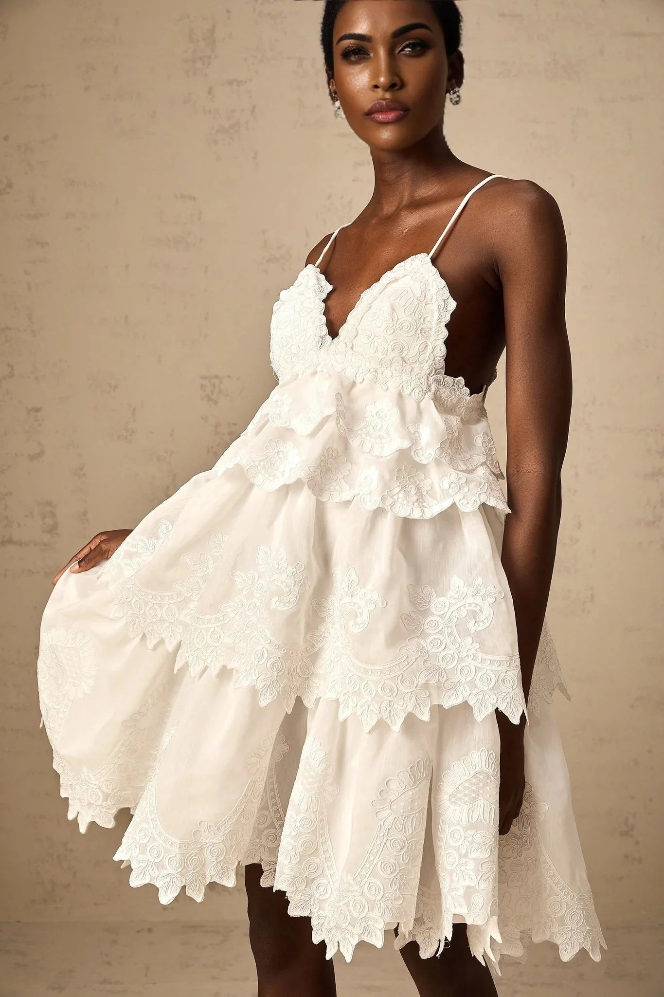 Elena Mini Dress White Guipure Lace Tiered Ruffles & Sweetheart Hem
