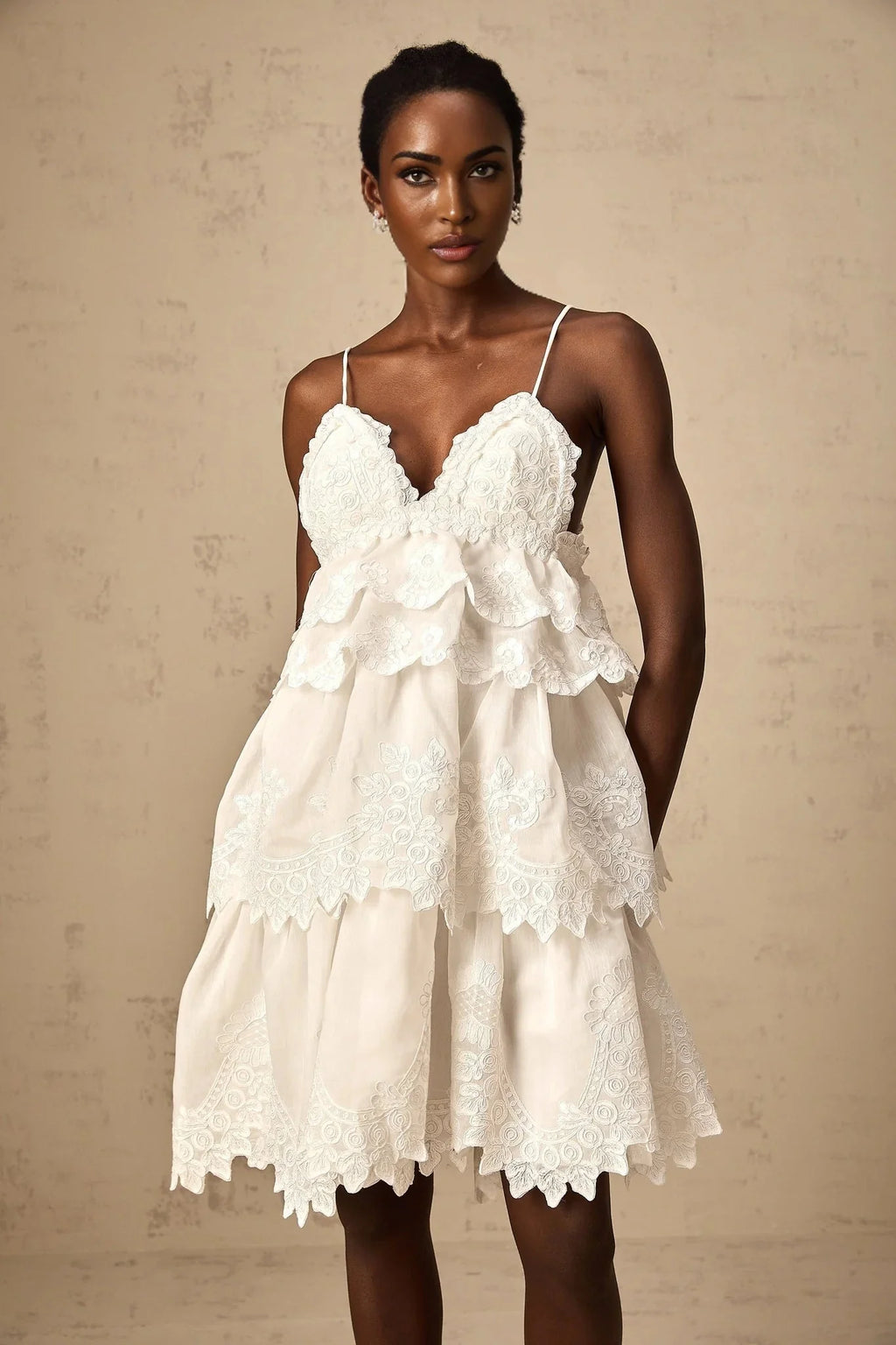 Elena Mini Dress White Guipure Lace Tiered Ruffles & Sweetheart Hem