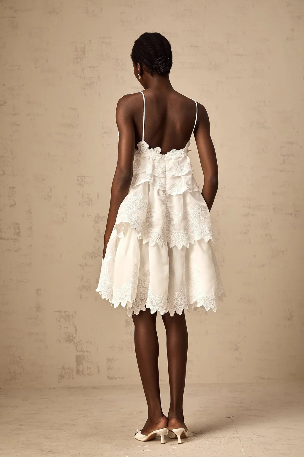 Elena Mini Dress White Guipure Lace Tiered Ruffles & Sweetheart Hem