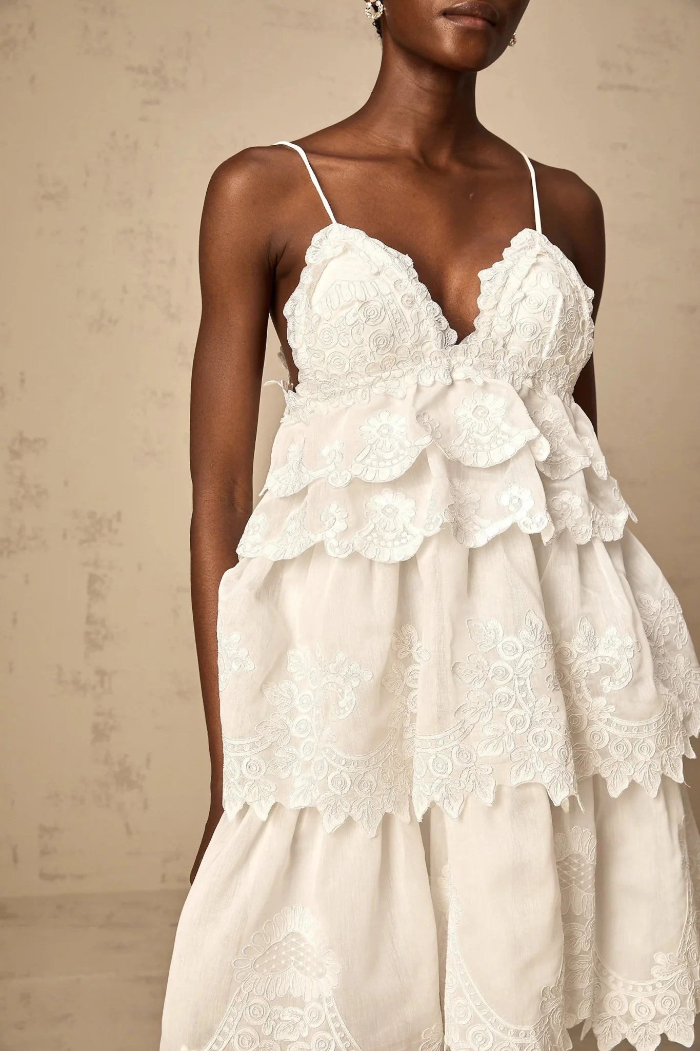 Elena Mini Dress White Guipure Lace Tiered Ruffles & Sweetheart Hem