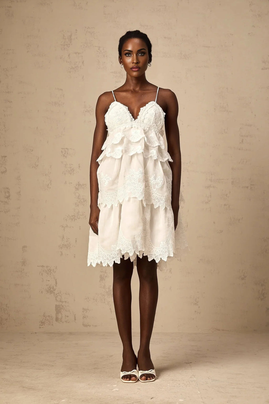 Elena Mini Dress White Guipure Lace Tiered Ruffles & Sweetheart Hem