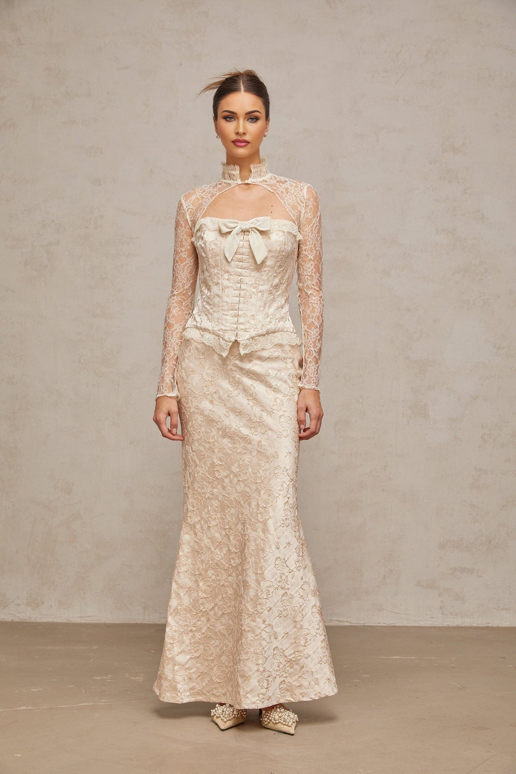 Elena Skirt & Top Set - Elegant mock neck with corset style - Jacquard pattern with bow detailing - Ruffled trim & detachable shawl