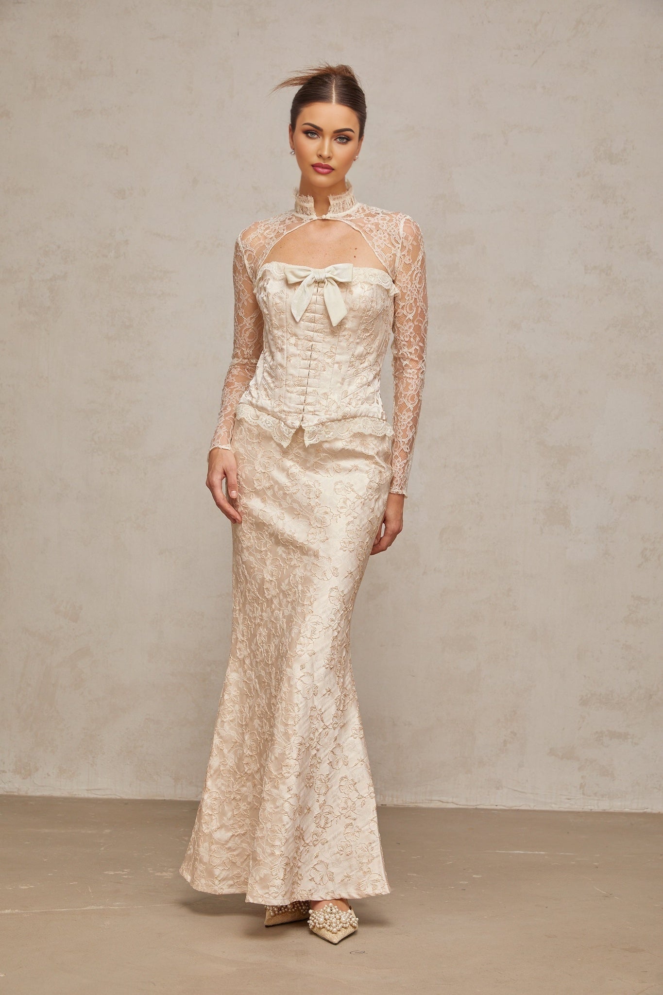 Elena Skirt & Top Set - Elegant mock neck with corset style - Jacquard pattern with bow detailing - Ruffled trim & detachable shawl