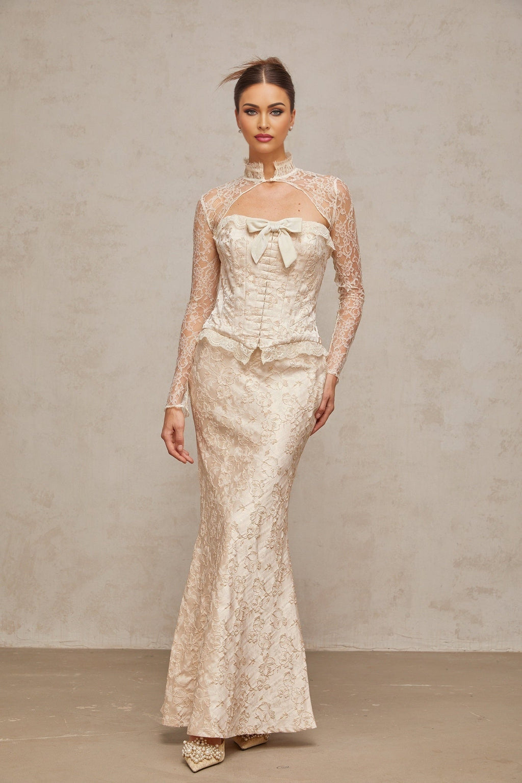 Elena Skirt & Top Set - Elegant mock neck with corset style - Jacquard pattern with bow detailing - Ruffled trim & detachable shawl