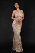 Eleonora Champagne Mermaid Halter Neck Sequin Geometric Pattern Dress