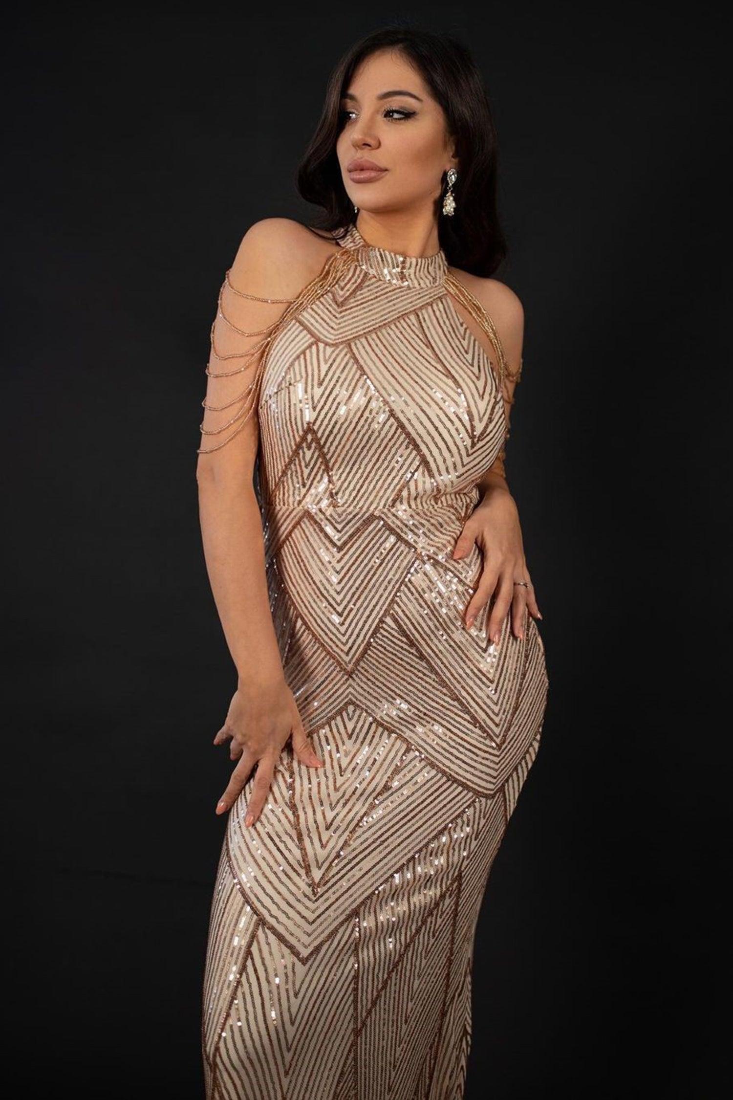 Eleonora Champagne Mermaid Halter Neck Sequin Geometric Pattern Dress