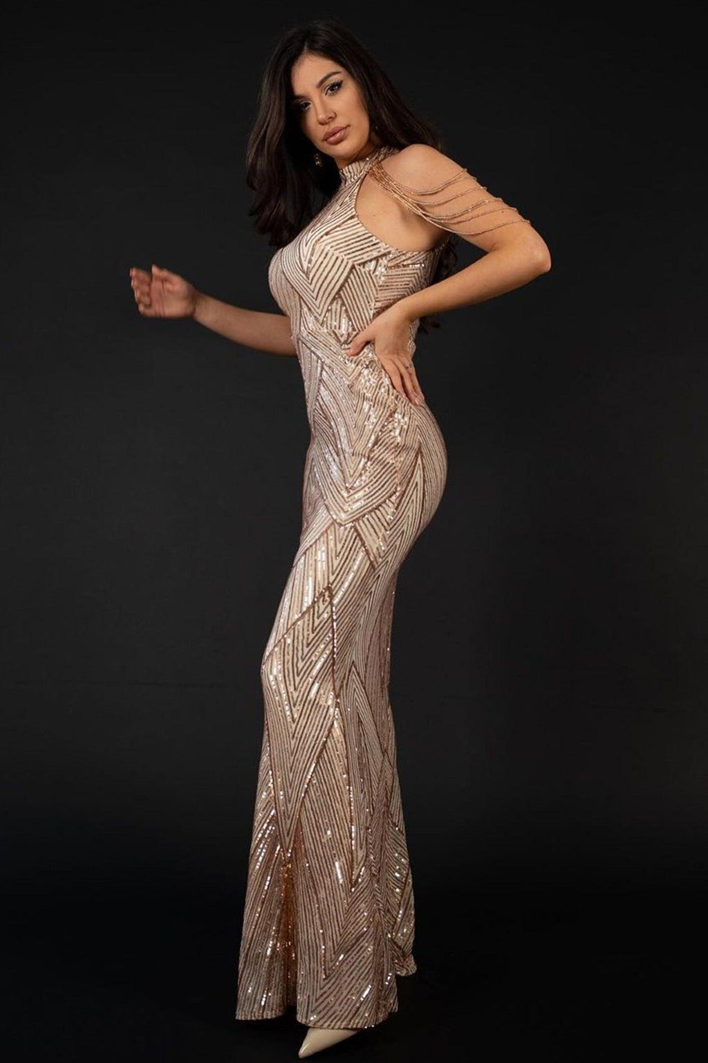 Eleonora Champagne Sequin Mermaid Halter Neck Dress